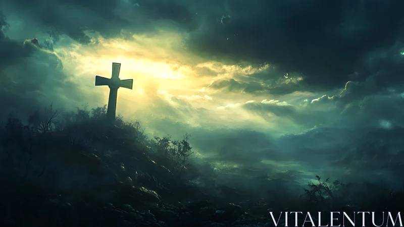 Backlit stone cross silhouettes against storm-laminated valley atmosphere
