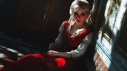 Raking-light portrait of seated girl in scarlet dress.