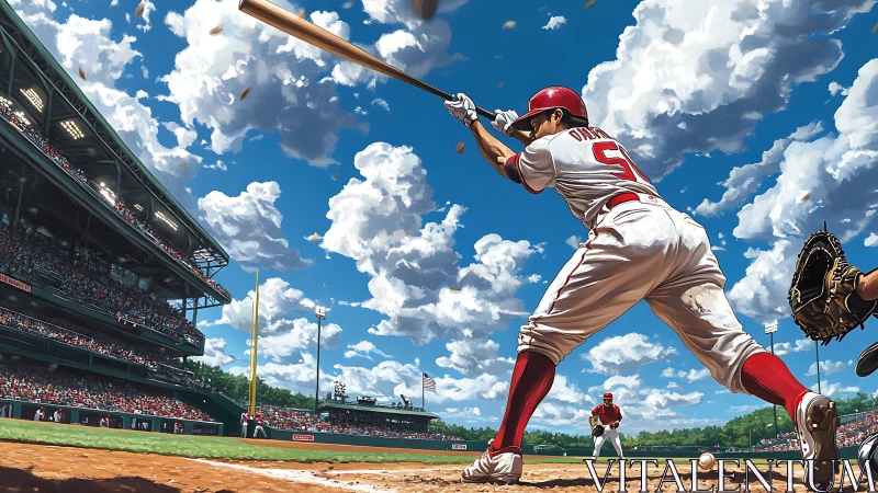Right-handed batter swings under saturated summer stadium sky.
