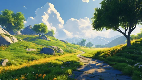 Procedural alpine meadow path under volumetric daylight sky.