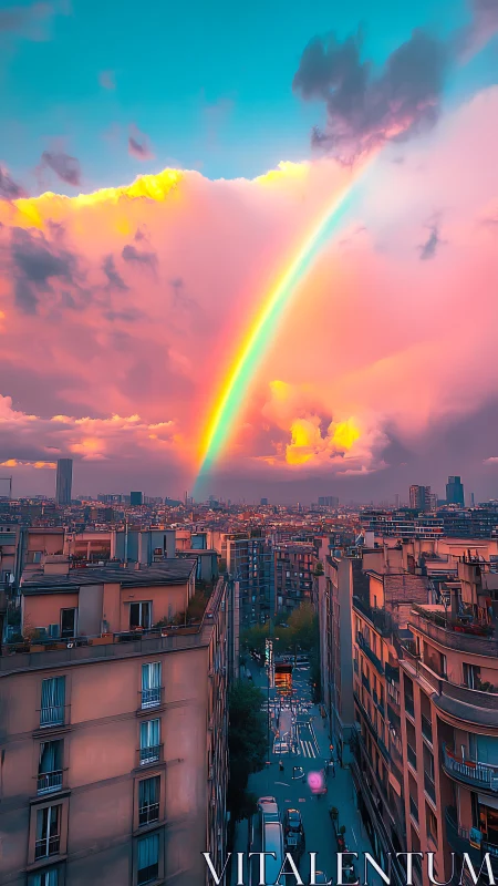 Chromatic sunset rainbow arcs above stylized Parisian skyline