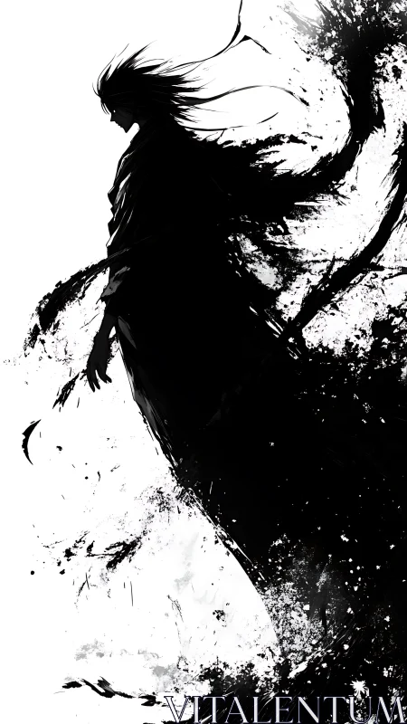 Silhouetted spectral figure dissolving into dynamic ink splashes