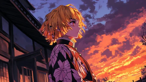 Anime figure in patterned robe before vivid evening sky.