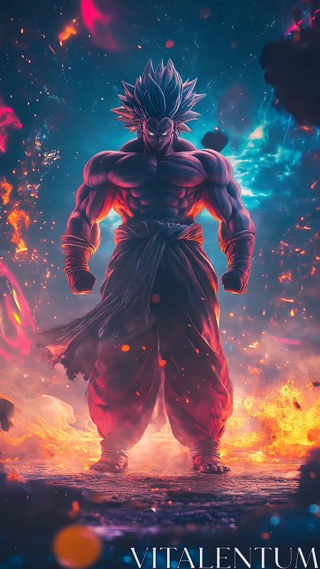 Cosmic warrior rises amid neon fire and swirling embers.