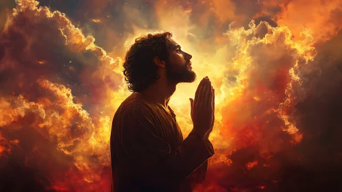 Luminescent prayer silhouette in volumetric cloudscape composition.