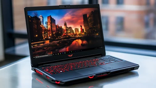 Neon city gaming laptop basking in sunset reflections.
