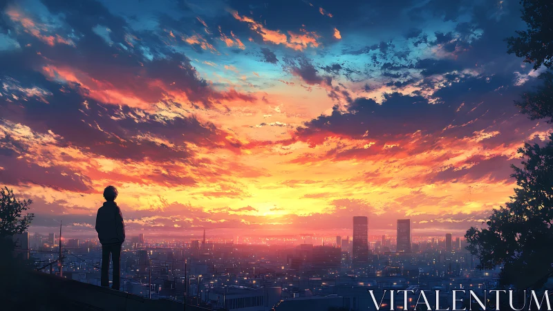 Solitary silhouette watching neon dusk over sprawling city.