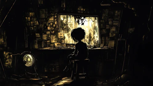 Solitary child contemplates light in cluttered studio room.