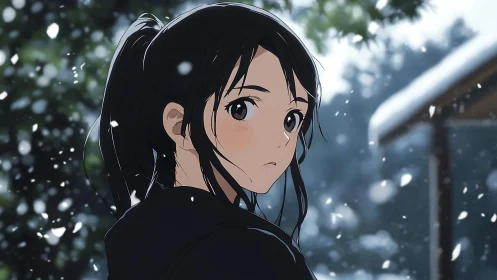 Snow-kissed anime girl glances back through drifting silence.