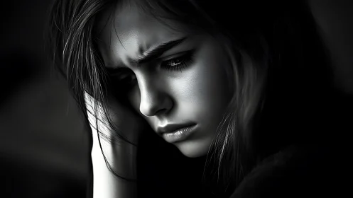 Somber young woman in dramatic monochrome close-up portrait.
