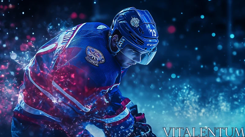 Electric ice hockey forward in vivid neon particle storm.