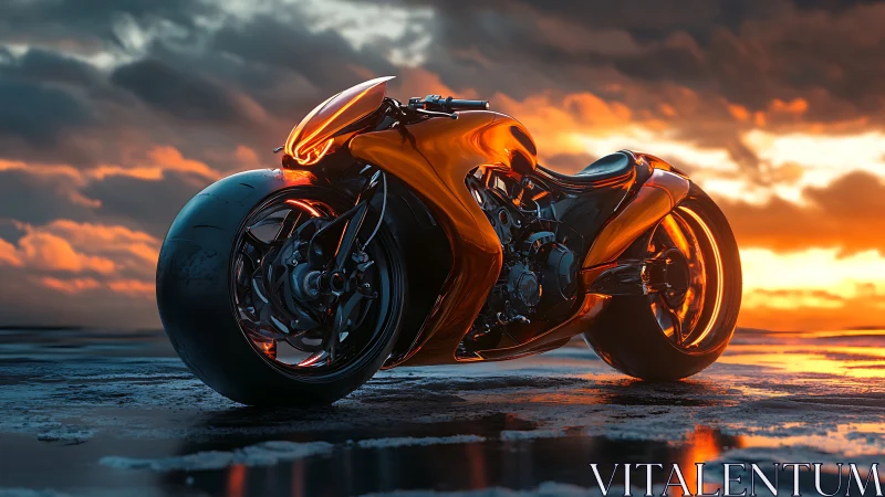 Aerodynamic concept superbike reflects sunset across wet asphalt