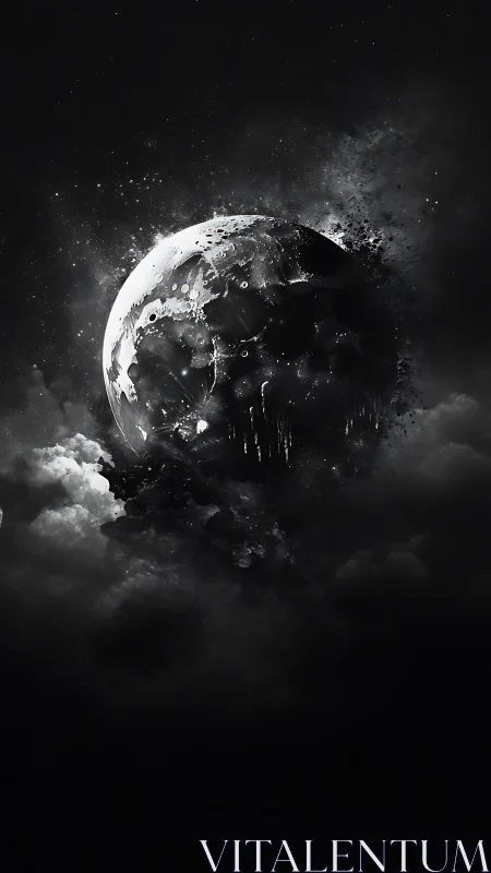Shattered lunar sphere dissolving into cosmic shadow clouds.