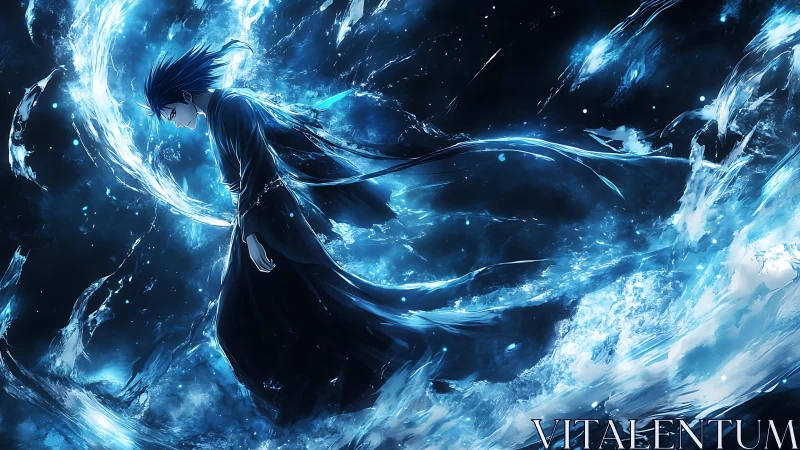 Stormlit mage drifts through a roaring galaxy of water.