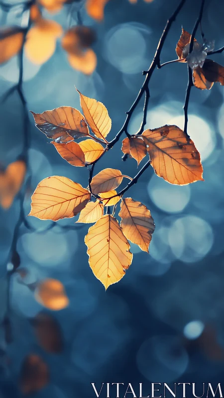 Autumn beech leaves glow against cool blue bokeh depth.