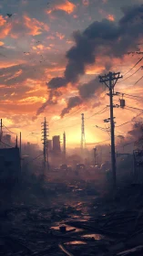 Radiant sunset burns through a ruined industrial wasteland