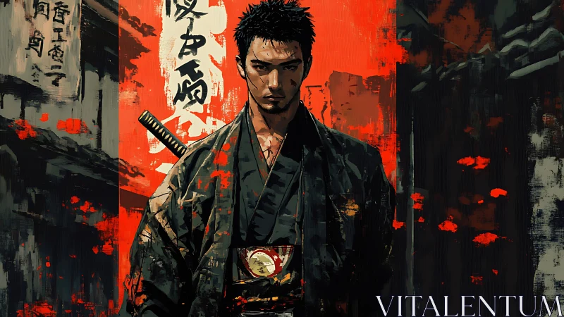 Samurai figure before red urban backdrop in digital art.
