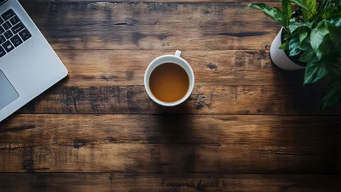 Overhead workstation topology with coffee and foliage alignment.