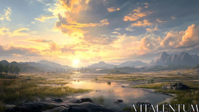 Digital painting of luminous river plain under expansive sky.