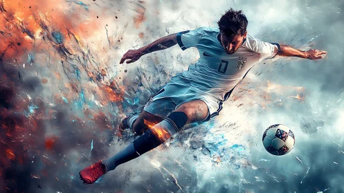Blazing soccer kick frozen in a burst of wild color.