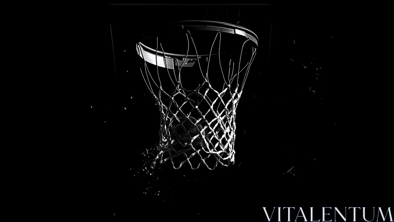 Monochrome basketball hoop with illuminated hanging net.
