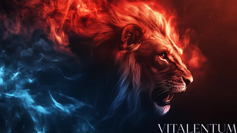 Fiery bicolored lion portrait unites elemental flame and frost