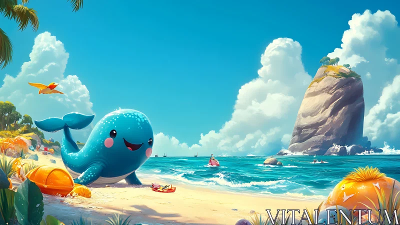 Whimsical cartoon whale rests on sunlit tropical shoreline