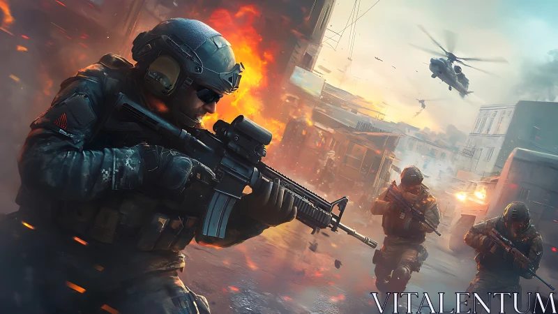 Soldiers advance through burning urban combat zone under fire