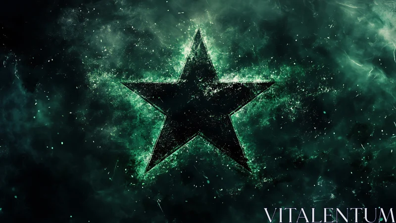 Glowing emerald star dissolves into dynamic cosmic particles