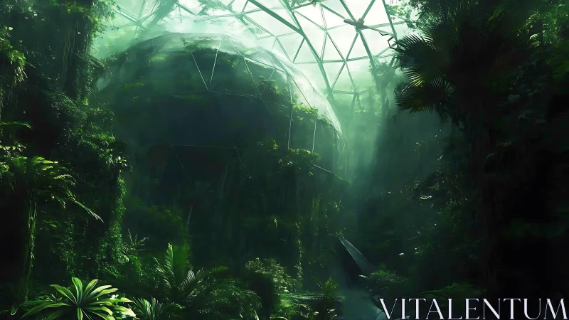 Overgrown geodesic biodome within dense jungle canopy.