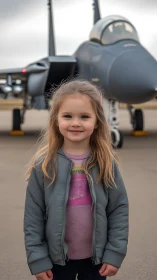 Young Girl Smiling Before Military Fighter Jet
