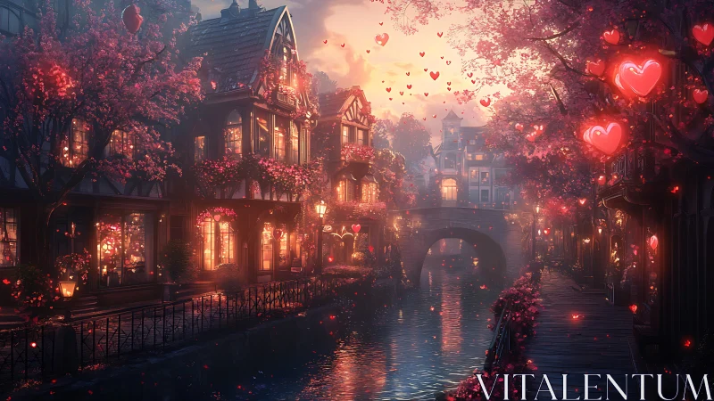 Neon Heart-Lit Street at Twilight.