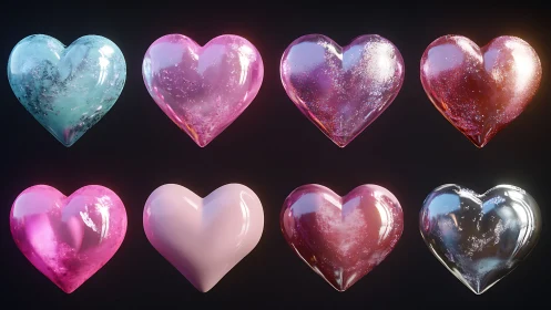 Lustrous glass hearts glow in rows against a dark backdrop