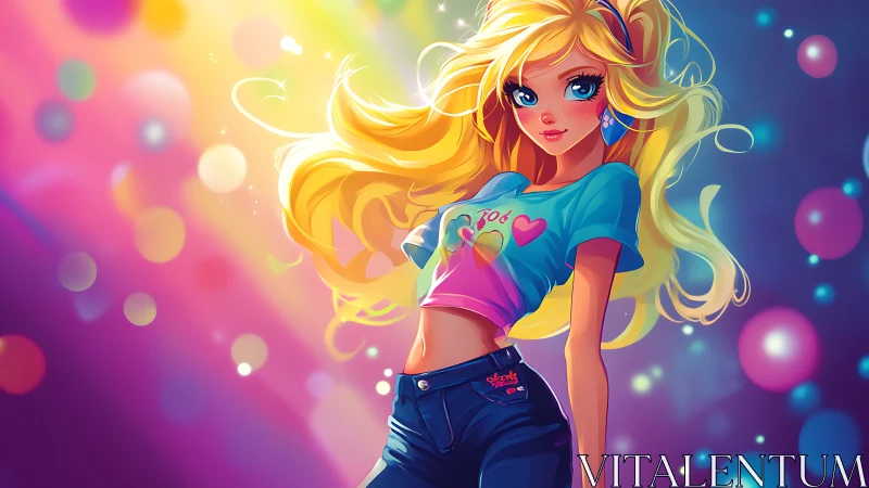 Blonde anime girl stands in glowing multicolor bokeh background
