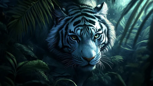 Moonlit white tiger emerging through dense jungle foliage.