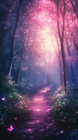Bioluminescent Forest Pathway with Floating Particles and Magenta Luminescence
