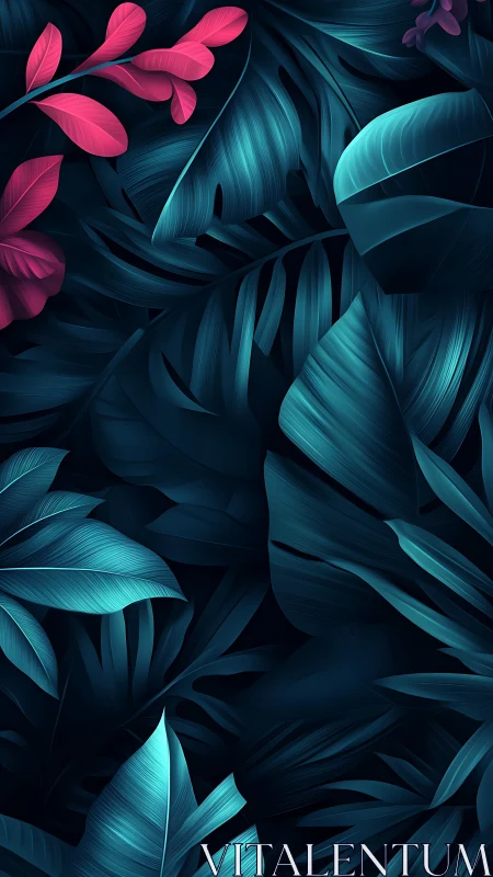 Digital foliage pattern renders overlapping teal and pink leaves