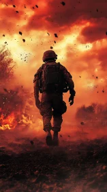 Lone soldier advancing through blazing battlefield inferno.
