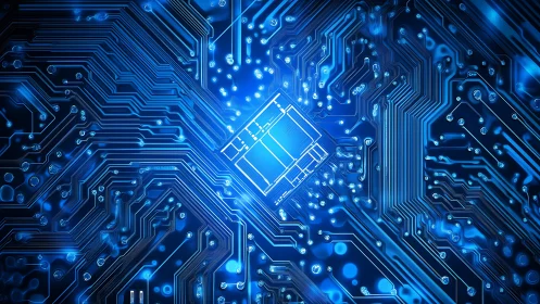 Blue glowing microchip centered in dense circuit board