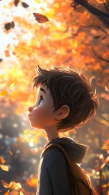 Boy watches drifting autumn leaves in warm golden light