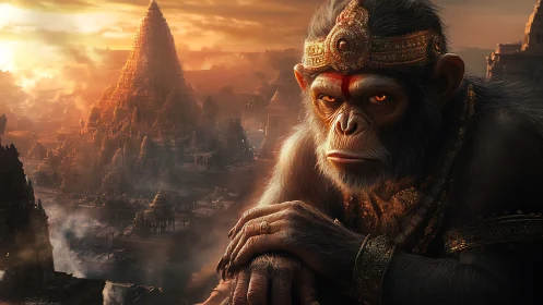 Regal warrior ape overlooking ancient temple city at dusk.