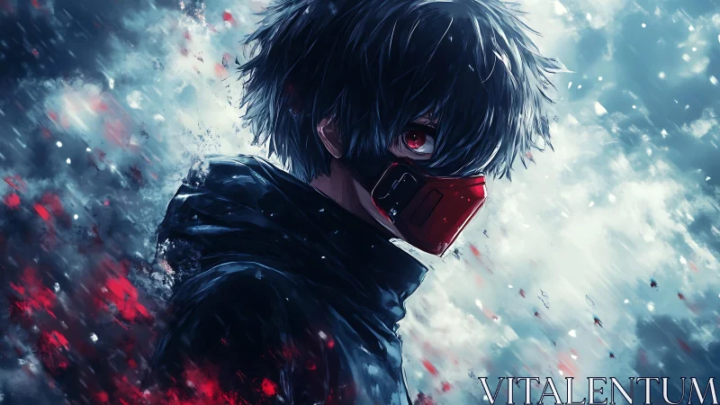 Masked white-haired antihero in storm of cyan and crimson light.