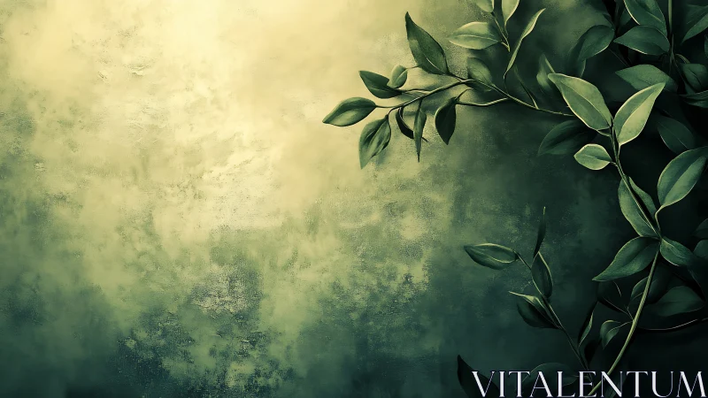 Textured green foliage curls across a softly lit wall surface