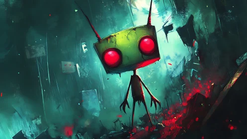 Neon-eyed robot silhouette in foggy teal-red ruin-scape