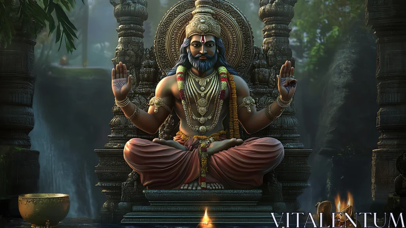 Serene seated deity statue in detailed stone temple shrine.