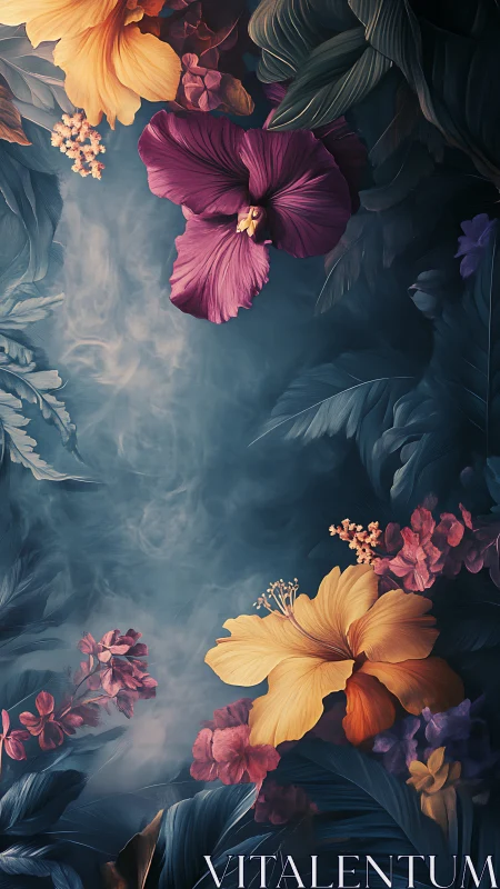 Digital Botanical Composition: Layered Floral Arrangement with Volumetric Atmosphere