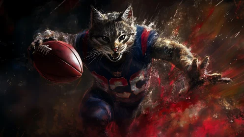 Ferocious football cat charges through explosive red haze.