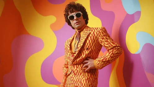 Man in patterned orange suit against retro abstract wall.