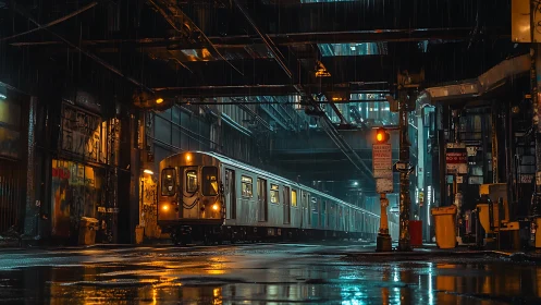 Nocturnal metro train under elevated rails in wet neon corridor.