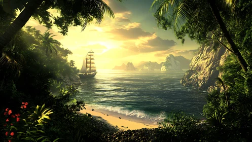 Tropical Cove Sailboat at Golden Sunset.